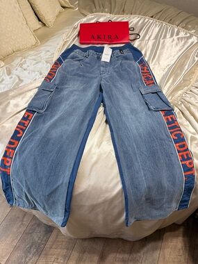 AKIRA Blue Denim Relaxed Cargo Jeans with Orange Side Stripe